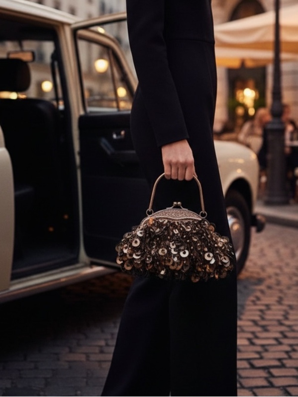 Sequined Evening Top-Handle Clutch in Gold